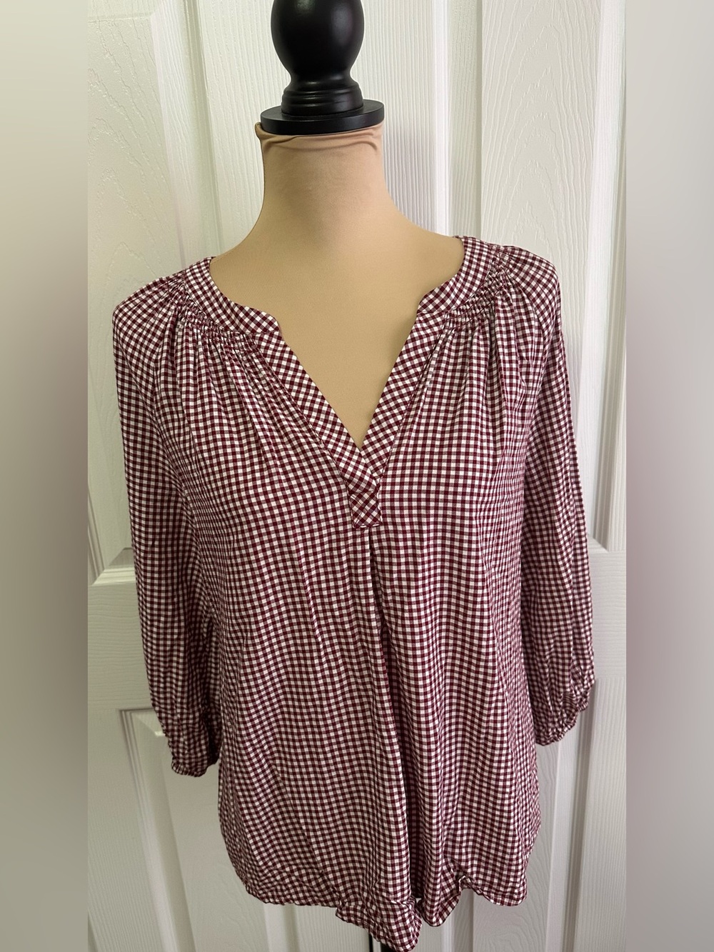 crown & ivy Maroon and White Gingham V-Neck Tunic